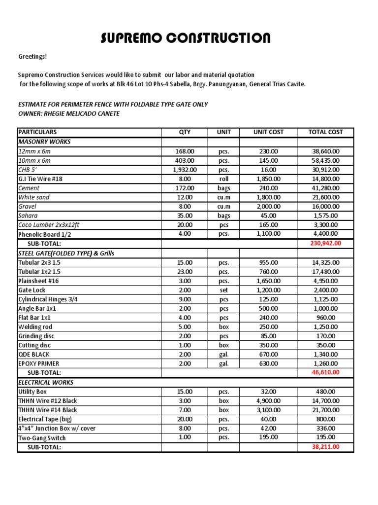 Estimation for Perimeter Fence Construction with Foldable Gate for