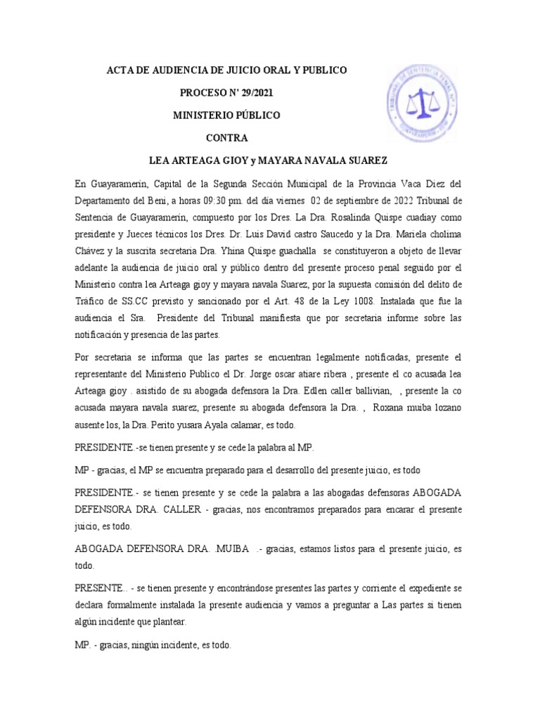 Acta de Audiencia de Juicio Oral y Publico 2 | PDF | Sentencia (ley ...