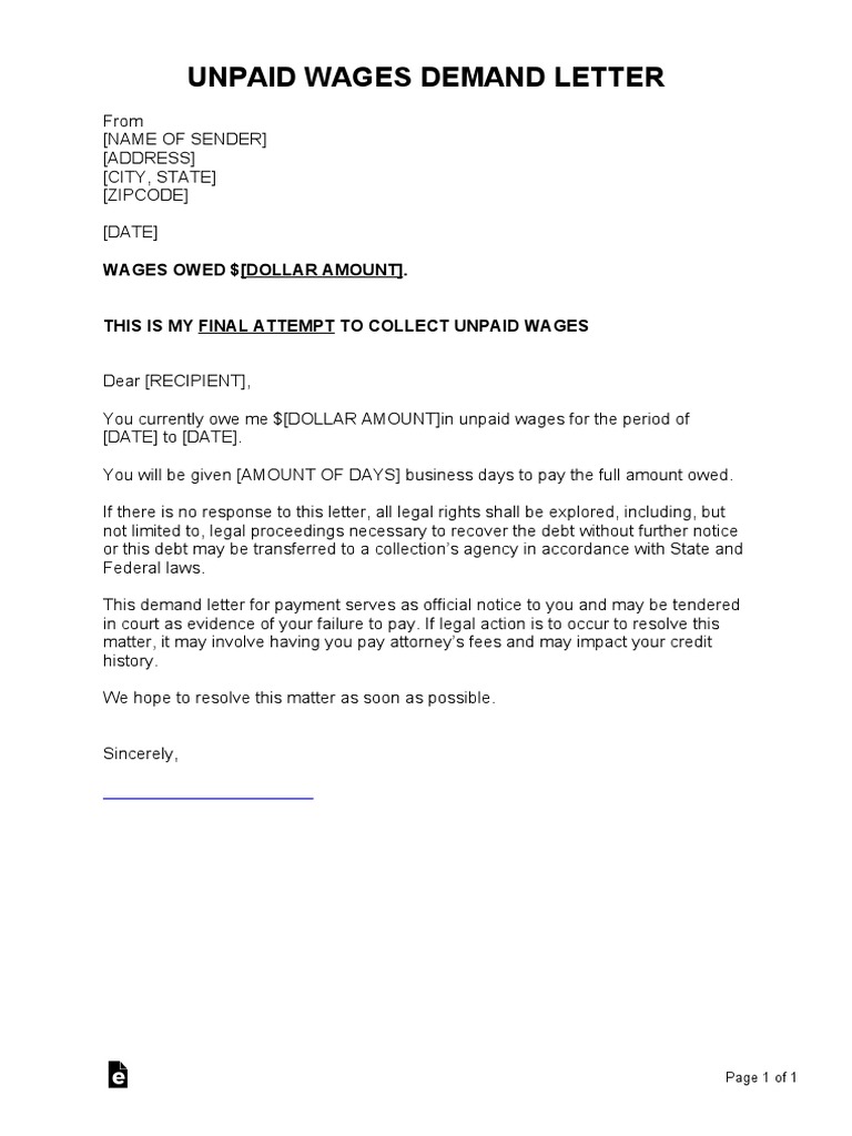 Unpaid Wages Demand Letter Template | PDF | Law