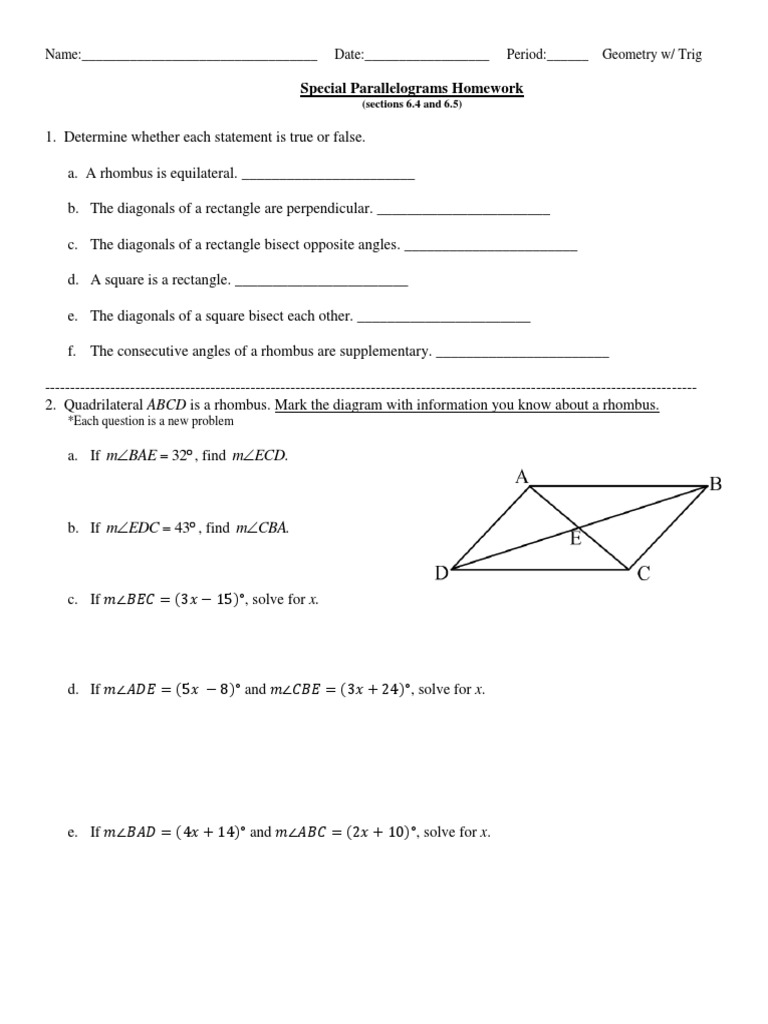 Special Parallelograms Homework Assignment | PDF | Teaching Methods ...