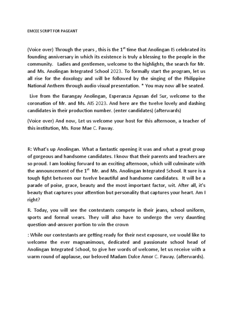 Emcee Script for Mr. and Ms. AIS 2023 | PDF