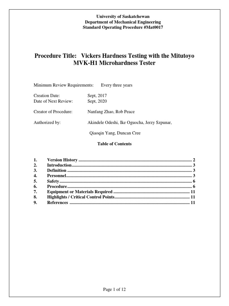 Procedure Title Vickers Hardness Testing With The Mitutoyo MVKH1