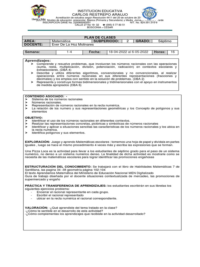 Plan de Clases Segundo Periodo | PDF | Número racional | Números