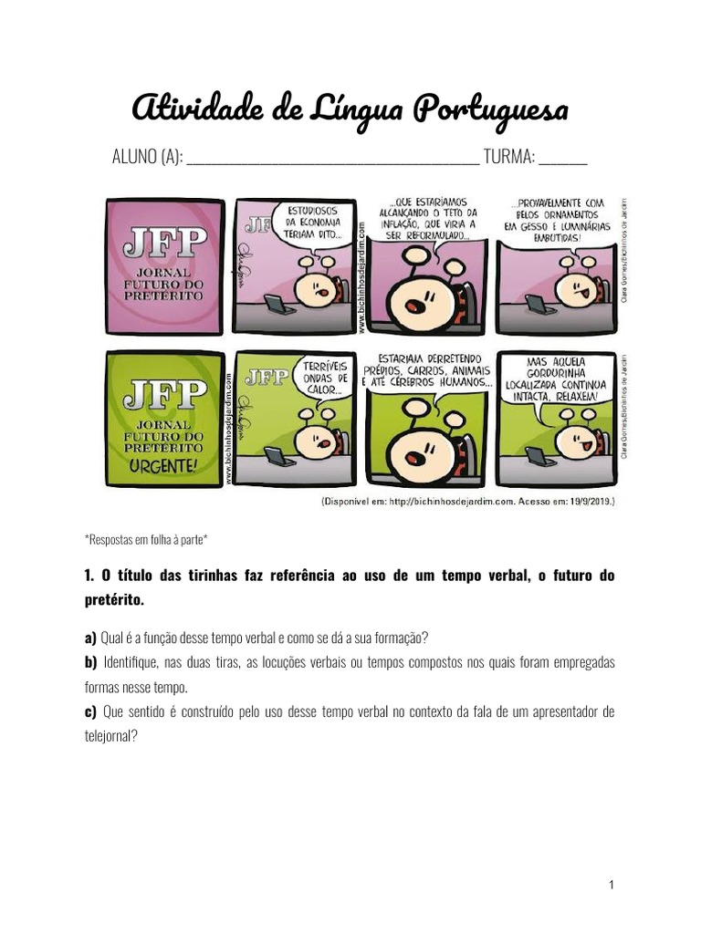 Verbos - Atividade Com Tirinha e Gabarito | PDF | Linguística