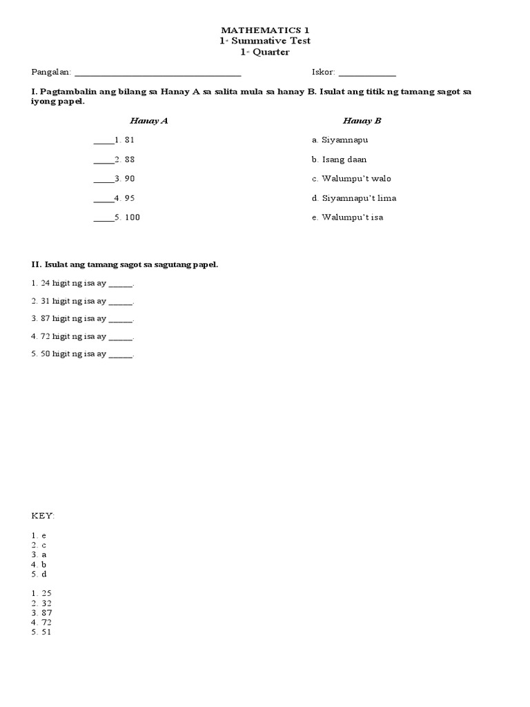 Summative Math 1 1st Quarter | PDF