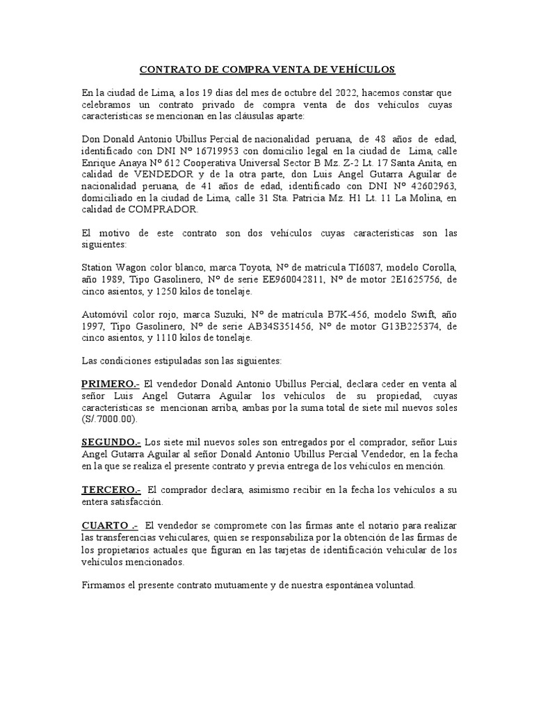 Contrato de Compra Venta de Vehículos | PDF