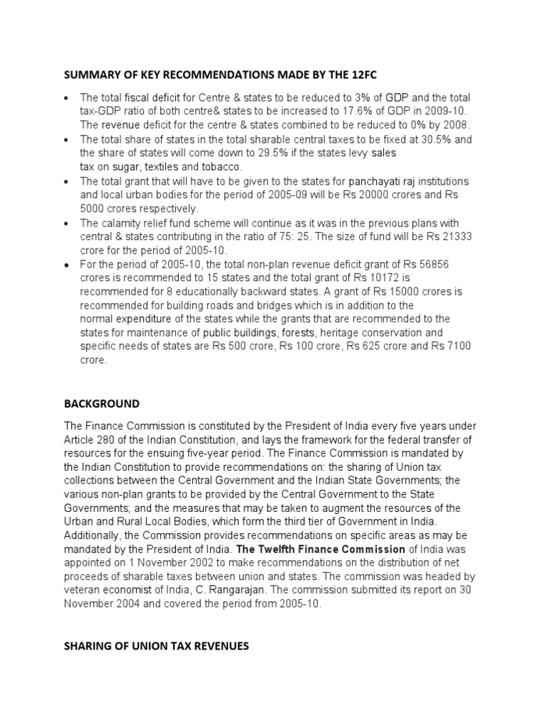 Summary of key recommendations made by the 12fc pdf taxes