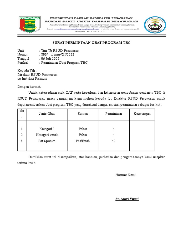 Permintaan Obat Program TBC RSUD Pesawaran | PDF | Pengembangan Diri ...