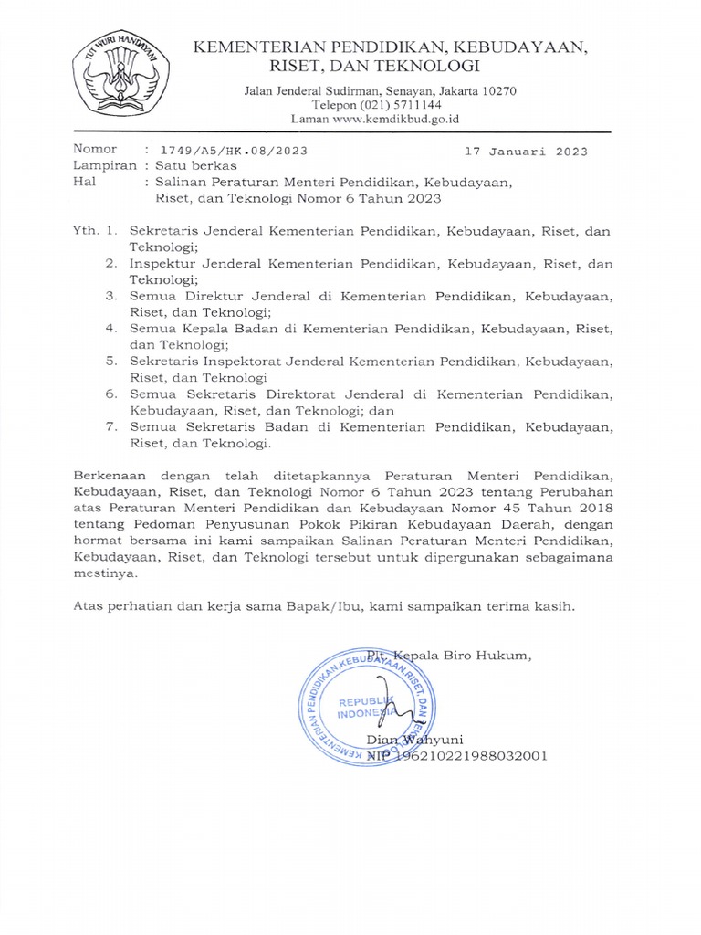 Salinan Permendikbudristek Nomor 6 Tahun 2023 CAP | PDF