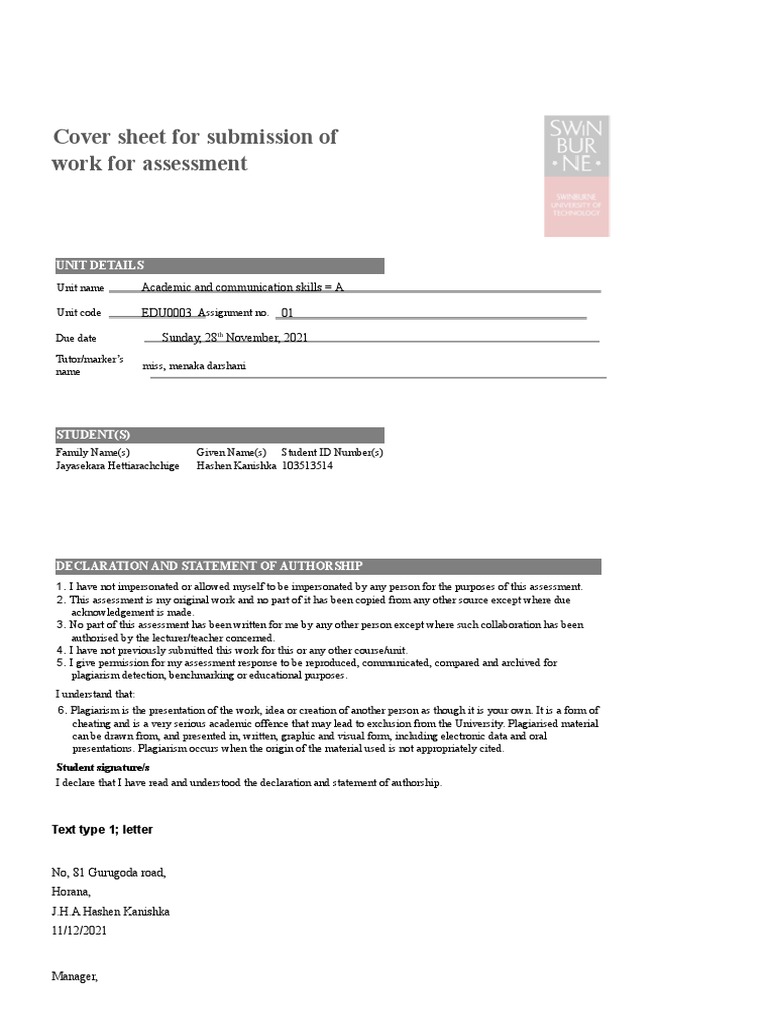 Student Cover Sheet For Submission of Magazine Individual21