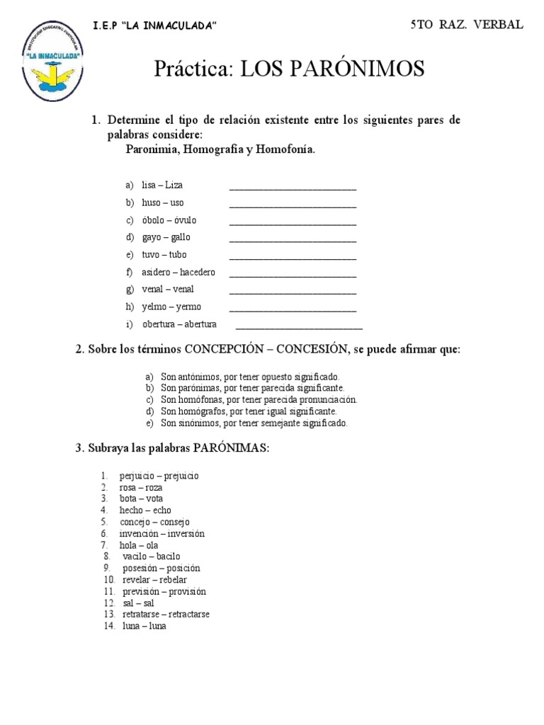 Ejercicios de Parónimos para Primaria | PDF | Estudios de idiomas ...