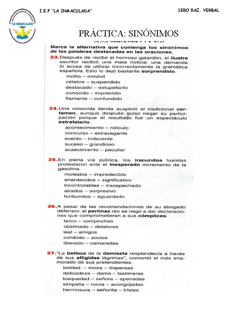 Practica Sinonimos Contextuales 1ero RV | PDF