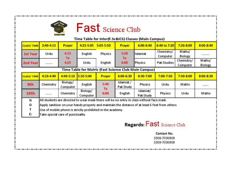 Timetable for Intermediate and Matric Classes at Fast Science Club Main ...
