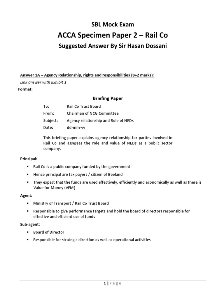 1 Acca Specimen Paper 2 (Rail Co) Suggested Answer PDF Customer
