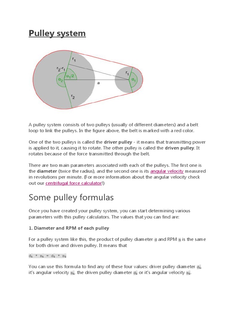 Pulley System Calculations PDF Belt (Mechanical) Torque