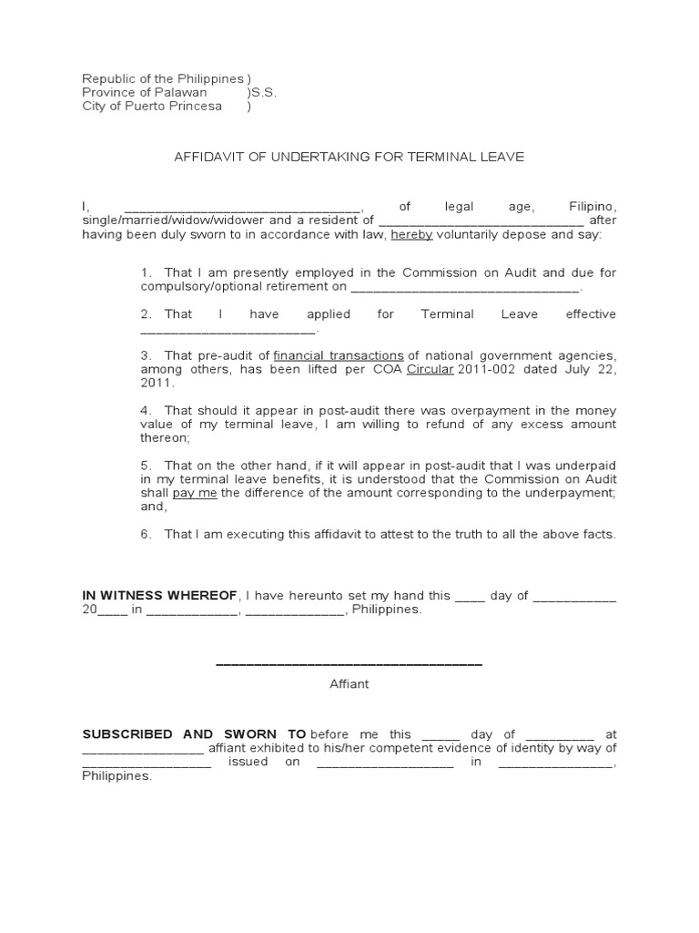AFFIDAVIT OF UNDERTAKING FOR TERMINAL LEAVE PDF