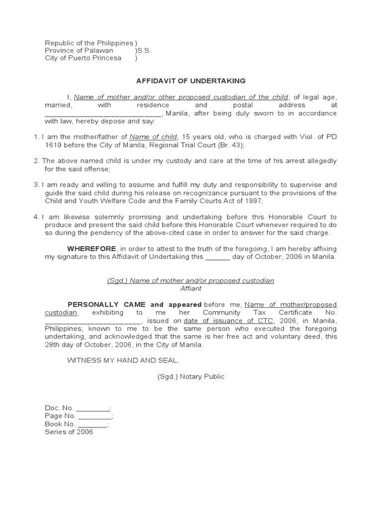 Affidavit of undertaking to supervise a child released on recognizance