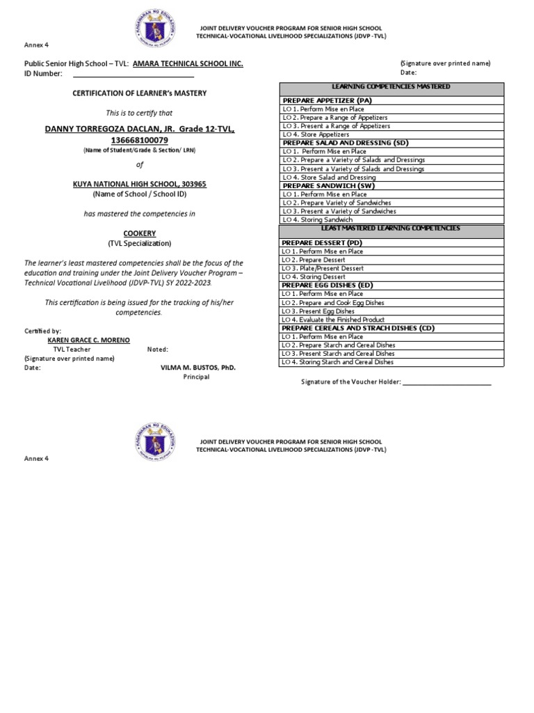 Annex 4 JDVP Certificate of Learners Mastery PDF Food And Drink