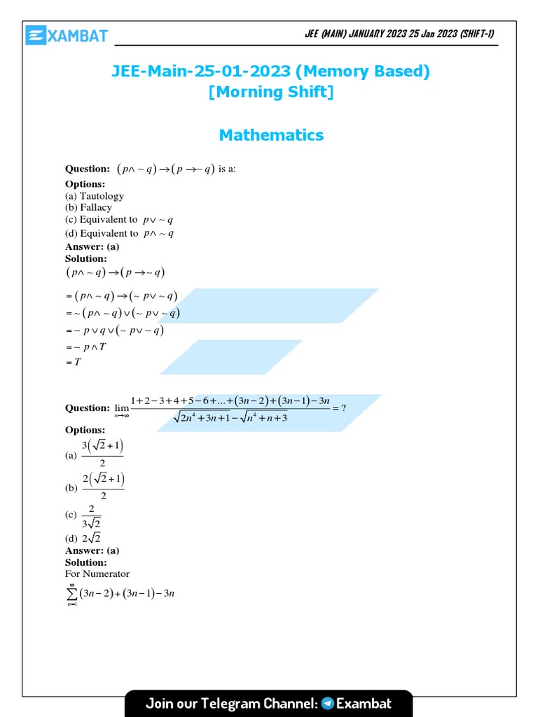 Jee Main 25 Jan Shift 1 Maths Memory Based Question Paper With Solution ...