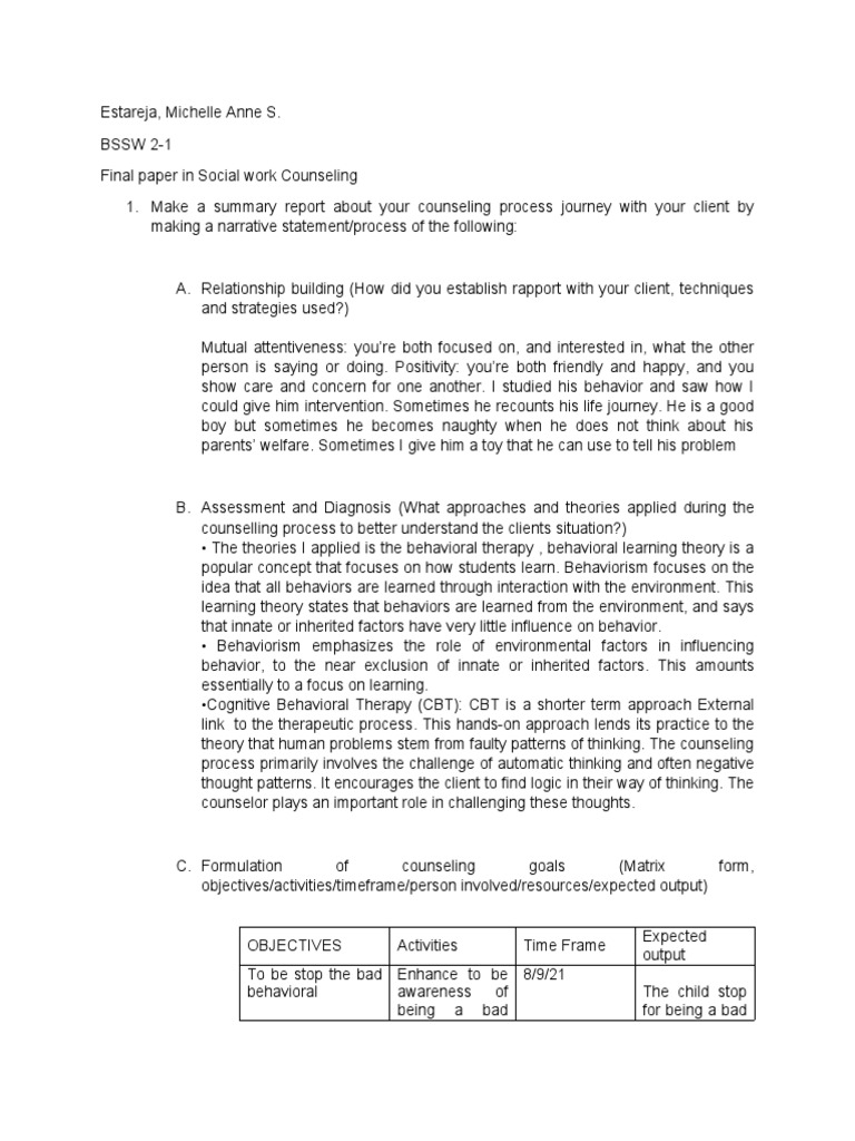 Estareja, Michelle Anne S BSSW 2-1 Final Paper Counseling | PDF ...