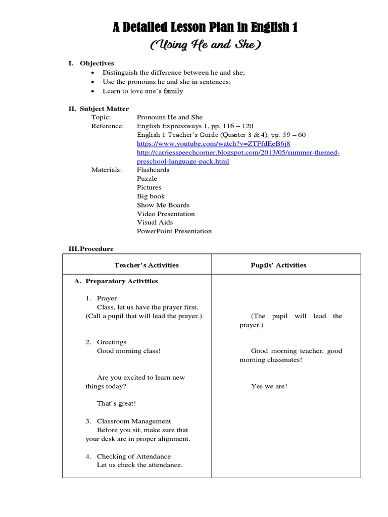 A Detailed Lesson Plan in English 1 PDF | Download Free PDF | Lesson ...