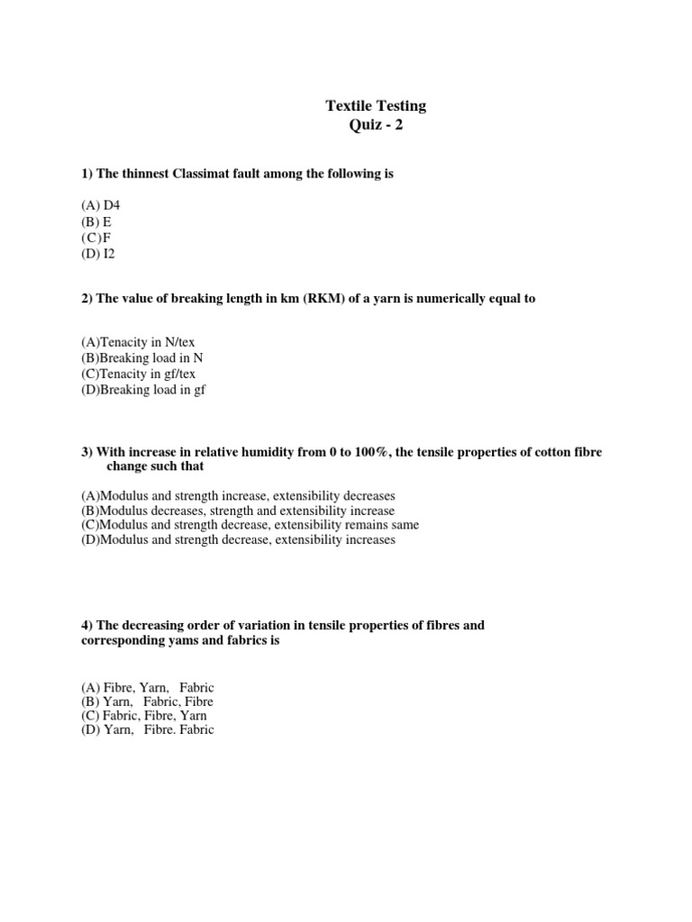 Textile Testing Quiz Questions | PDF | Technology & Engineering