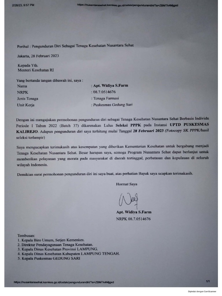 surat pengunduran diri Nusantara sehat | PDF