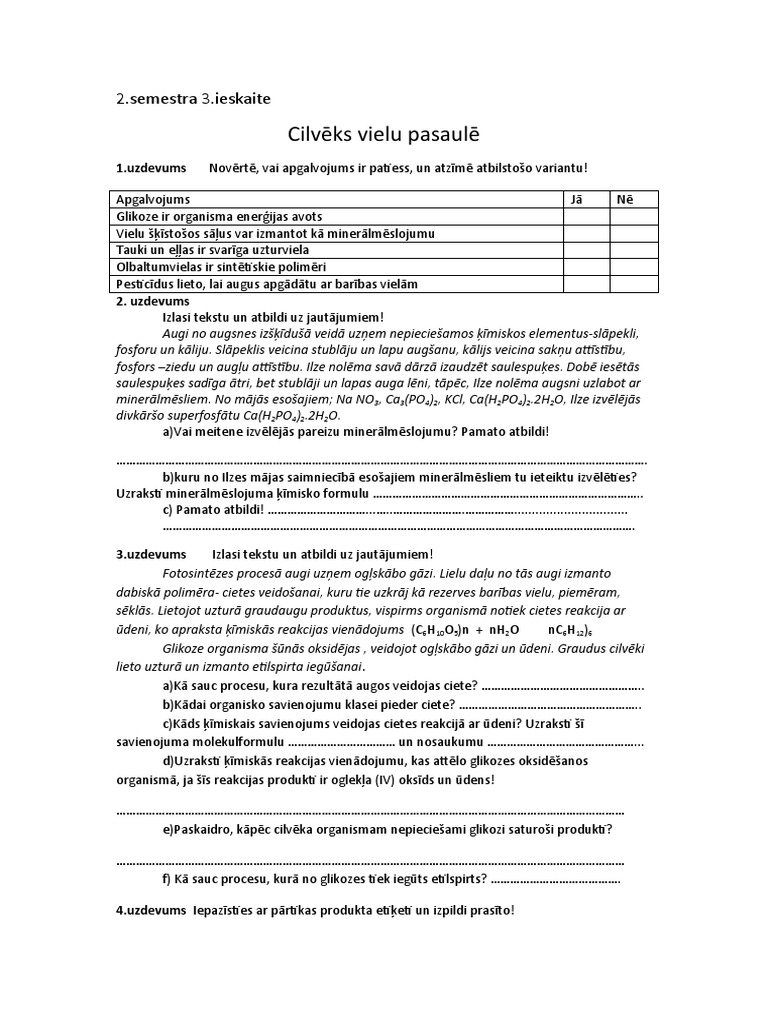 Cilvēks Vielu Pasaulē: 2.semestra 3.ieskaite | PDF