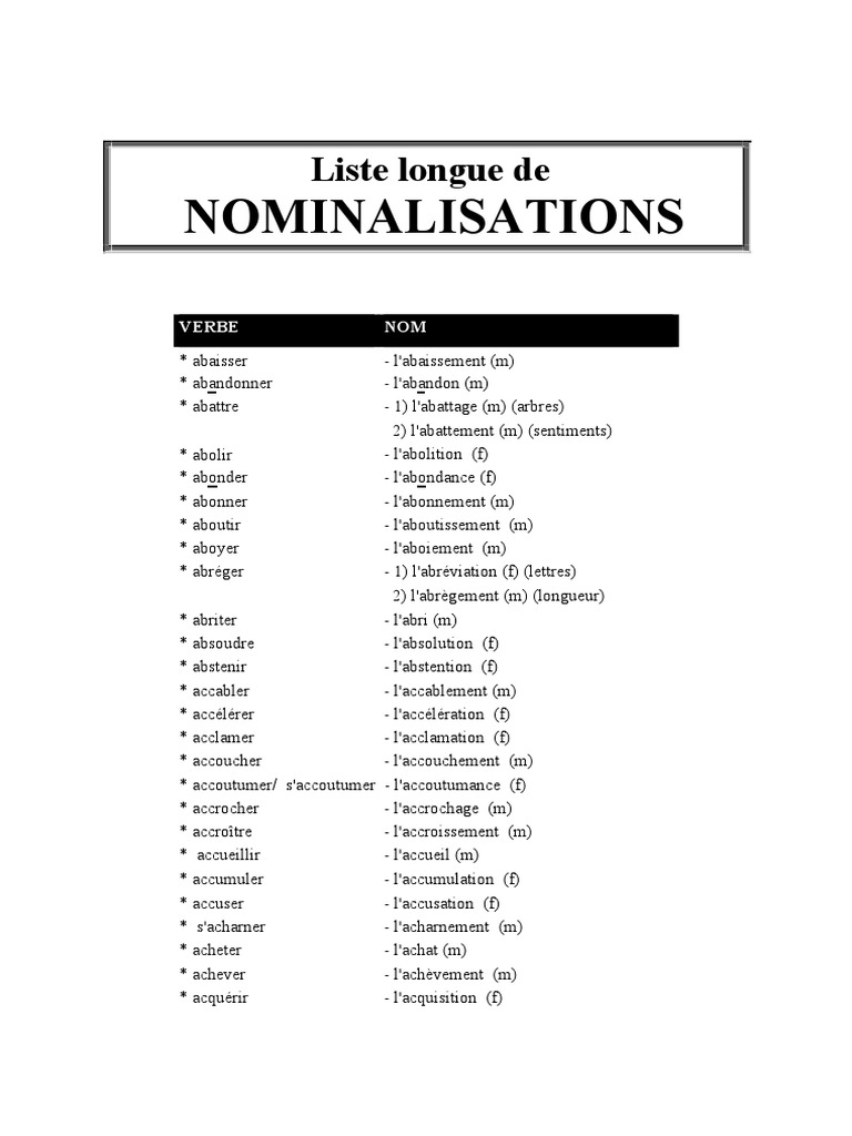 Liste de nominalisations en français | PDF