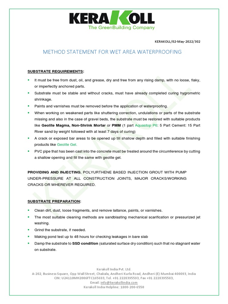Wet Area Waterproofing Method Statement | PDF | Concrete | Plaster