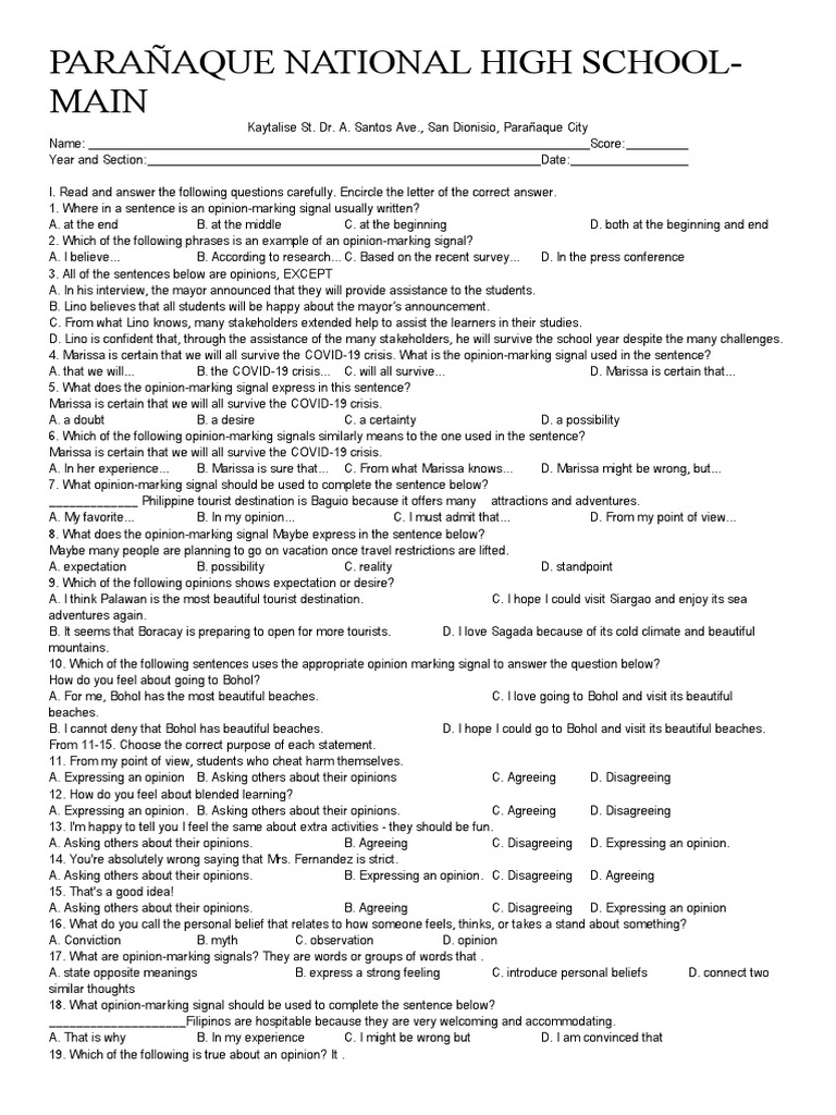 Opinion Sentences and Marking Signals | PDF | Language Arts & Discipline