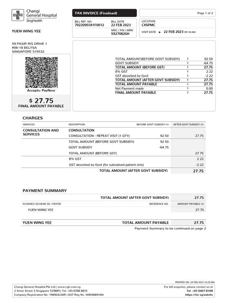 Changi Hospital Bill Summary 2023 | PDF | Public Finance | Taxes