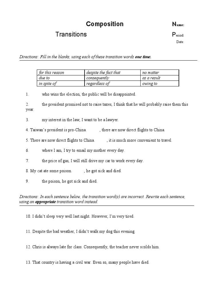 Transitions Worksheet PDF