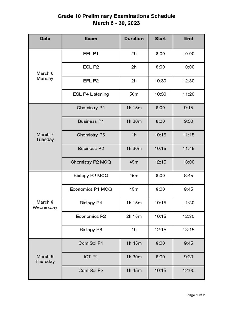 Grade 10 Preliminary Examination Schedule March 630, 2023 PDF