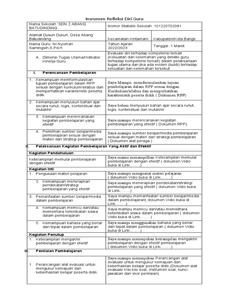 Instrumen Refleksi Diri Guru PPG | PDF | Karier & Perkembangan
