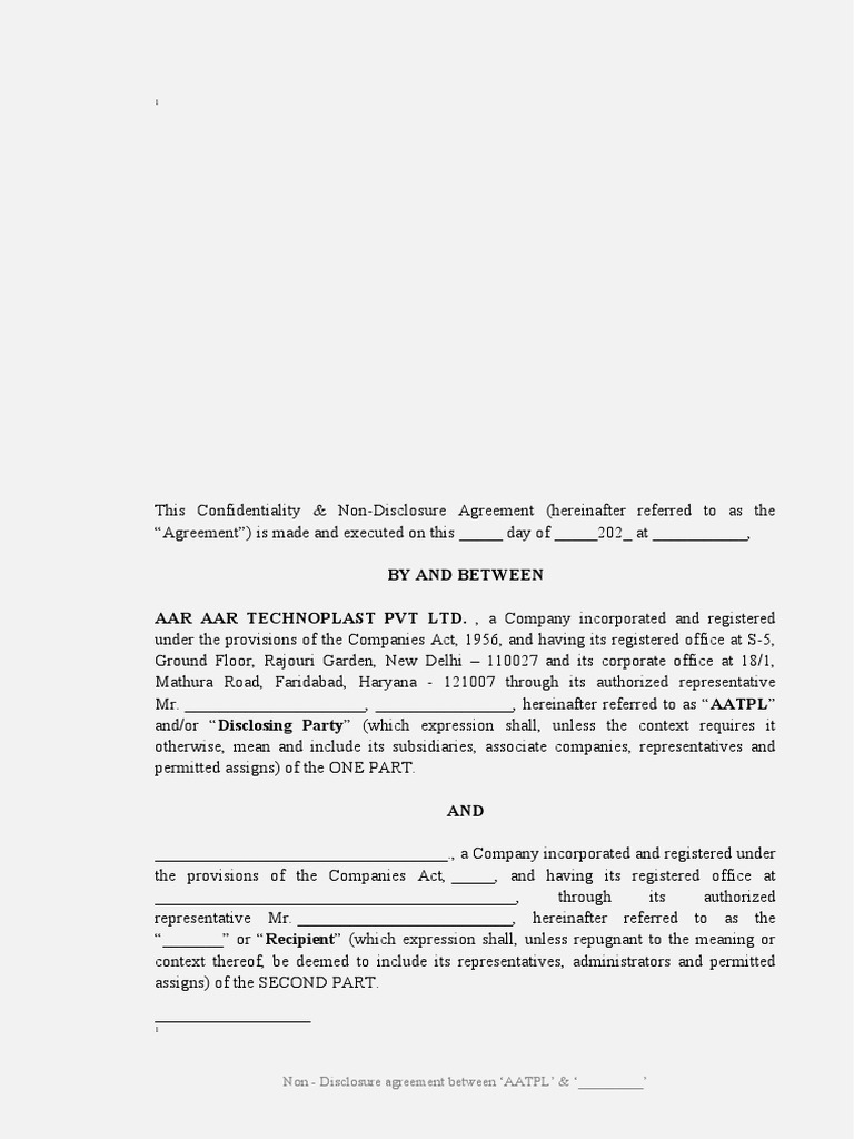Aar Aar Nda Standard Format | PDF | Indemnity | Confidentiality