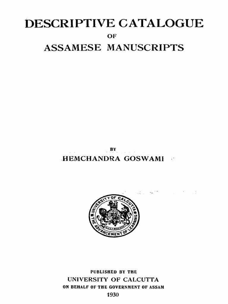 1930 Descriptive Catalogue of Assamese Manuscripts by Goswami S PDF