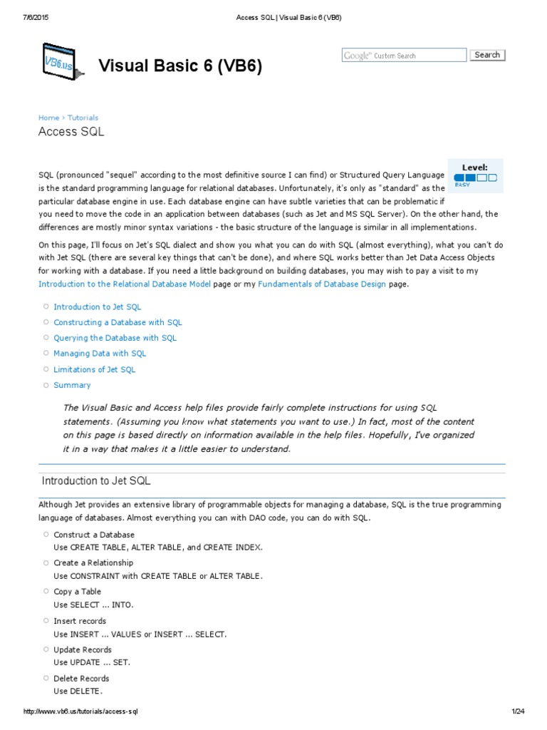 Access SQL Visual Basic 6 (VB6) PDF Database Index Sql