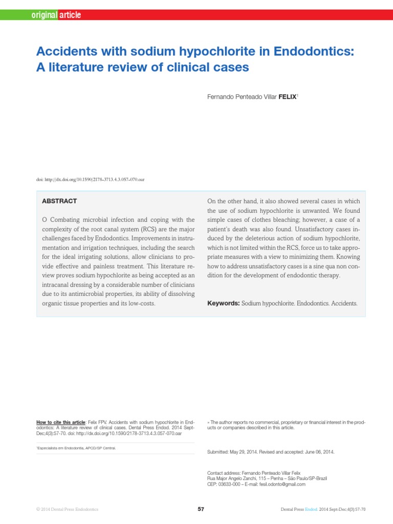 Accidents With Sodium Hypochlorite in Endodontics PDF Medical