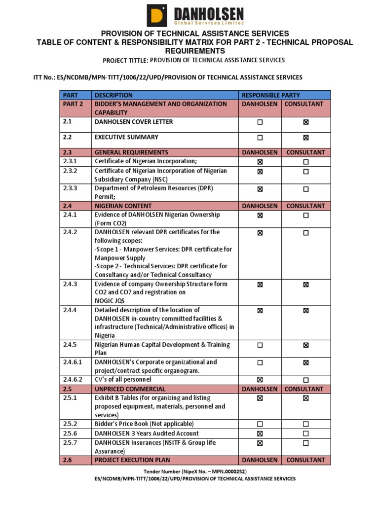 MPN Tech Asst Project Technical Bid Toc PDF Employment Human