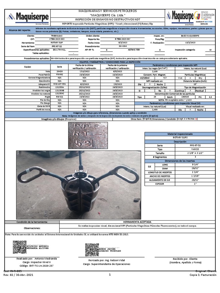 Informe de inspección no destructiva de rotary slips y accesorios ...