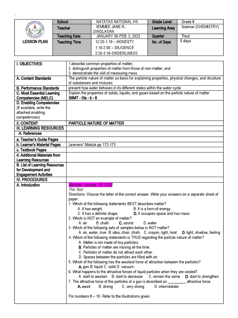 Grade 8 Chemistry Lesson Plan: Matter | PDF | Matter | Gases