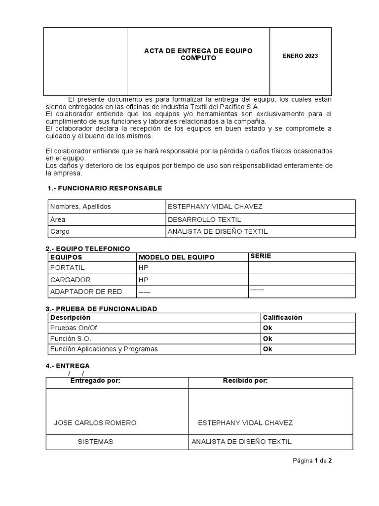 Acta de Entrega de Equipo de Cómputo | PDF