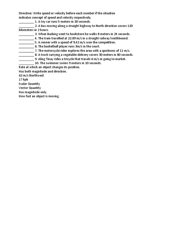 Speed vs. Velocity Quiz Worksheet | PDF