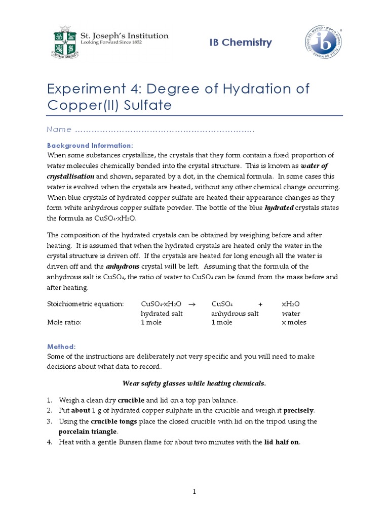 Experiment 4 - Degree of Hydration of Copper II Sulfate | PDF ...