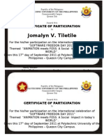 Jomalyn V. Tiletile: Certificate of Participation