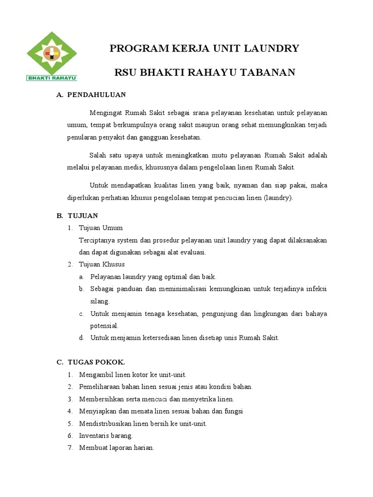 Program Kerja Laundry RSU Bhakti Rahayu | PDF | Sains & Matematika