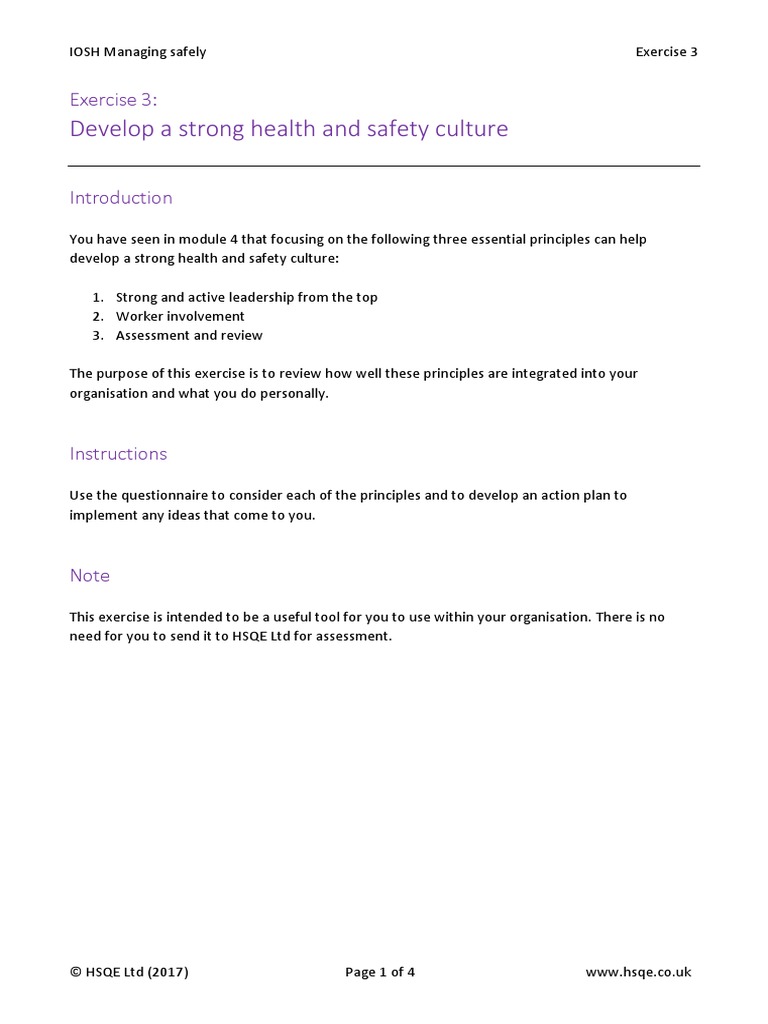Exercise 3 Develop A Strong Safety Culture Pdf Occupational Safety