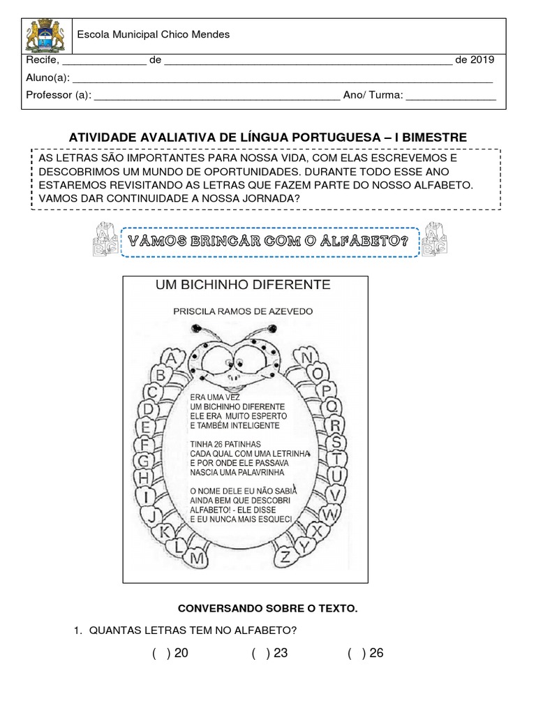 Arquivo 2 Atividade Avaliativa de Língua Portuguesa 2 Ano 2019 | PDF
