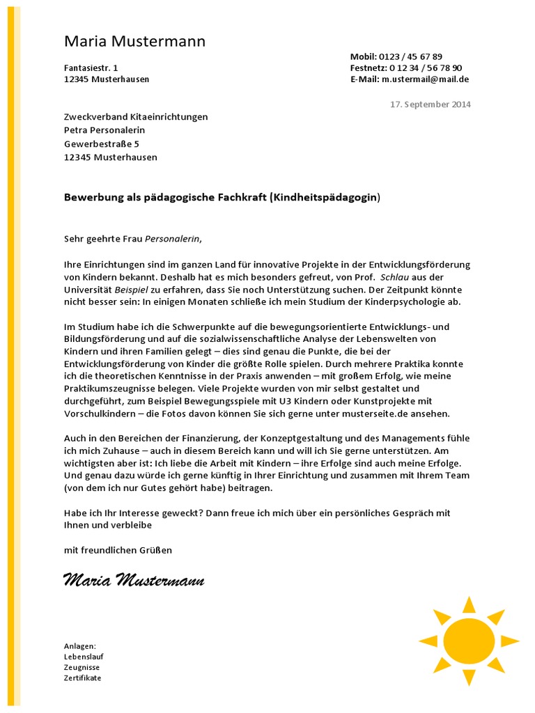  Foto zu Bewerbungsmuster Anschreiben Paedagogische Fachkraft 